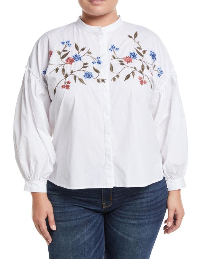 Embroidered Bubble-sleeve Button-front Blouse,