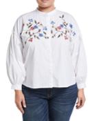 Embroidered Bubble-sleeve Button-front Blouse,