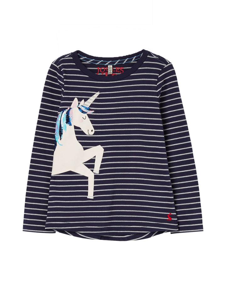 Girl's Ava Metallic Striped Top W/ Unicorn Applique,