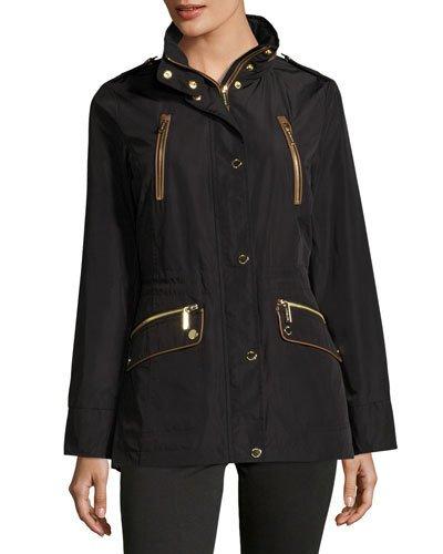 Water-resistant Cinched-waist Anorak Jacket, Black