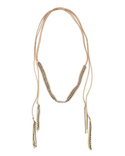 Long Suede, Quartz & Crystal Lariat Choker Necklace, Nude