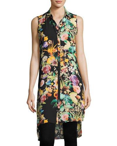 Floral-print Button-front Tunic, Black Pattern