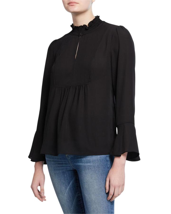 Ruffle-sleeve Yoke-front Blouse