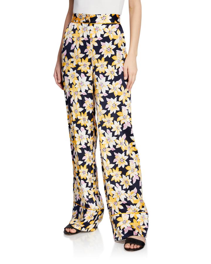 Margot Floral Silk Wide-leg Cuffed Pants