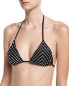 Natalie Mitered Stripe Triangle Swim Top, Black/white
