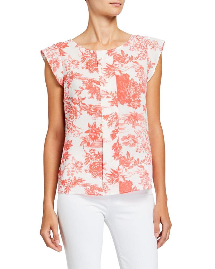 Floral Cap-sleeve Pleat-front Top