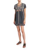 Uma Embroidered Short-sleeve Gauze Tunic Dress
