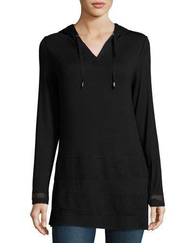Hooded Mesh-inset Long-sleeve Top, Black
