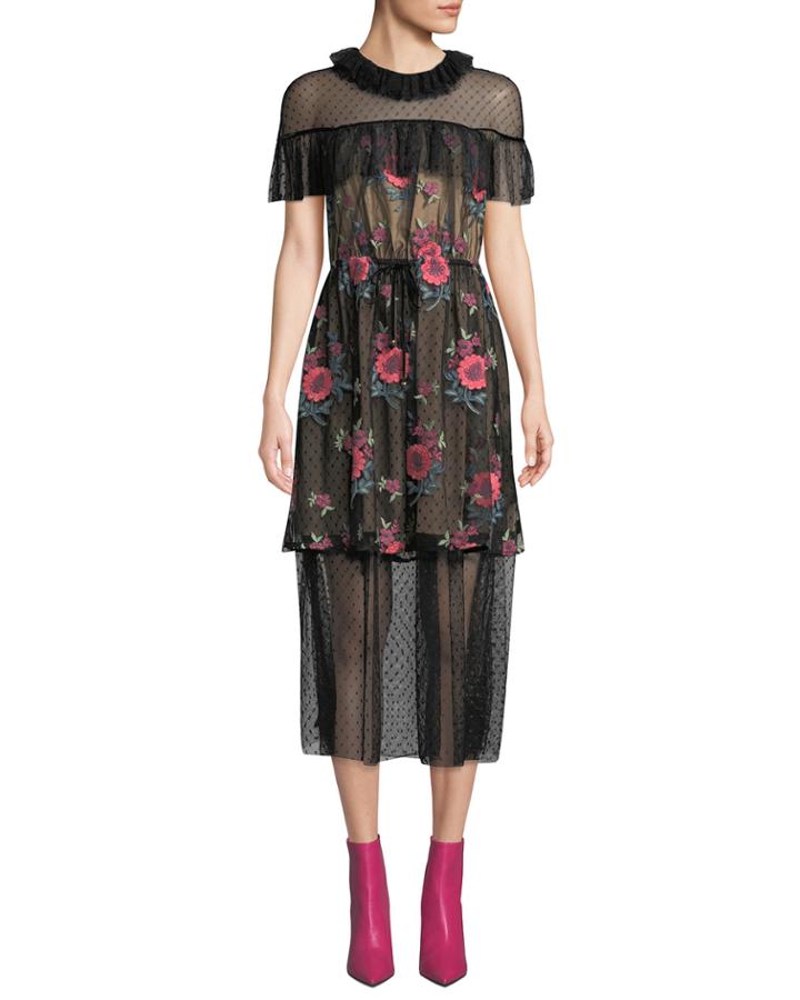 Vita Dotted Tulle Midi Dress With Floral-embroidered Overlay