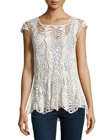 Crewneck Open-knit Top, Neutral Combo