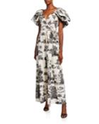 Off-the-shoulder Landscape Print Poplin Gown