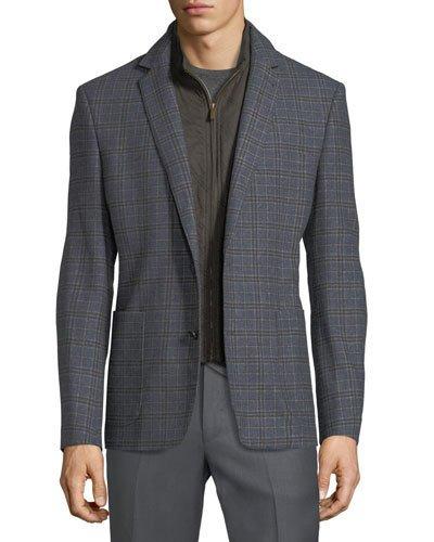 Wool-blend Plaid Bib Blazer, Blue