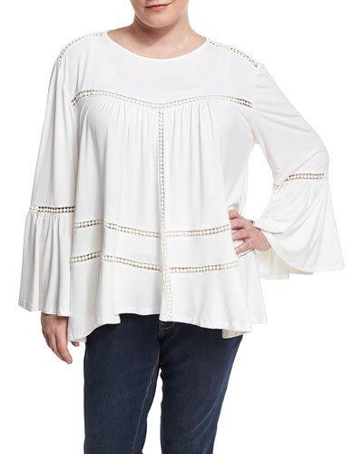 Bell-sleeve Crochet-trim Tunic, Off White,