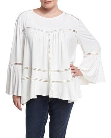 Bell-sleeve Crochet-trim Tunic, Off White,