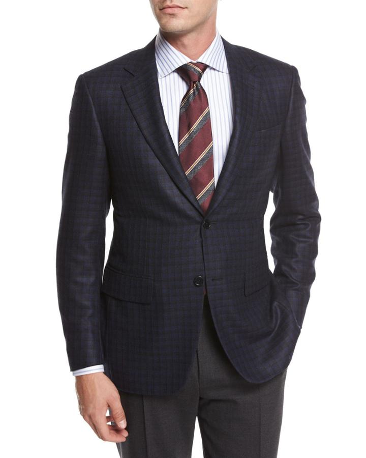 Check Silk-wool Sport Coat, Blue/black