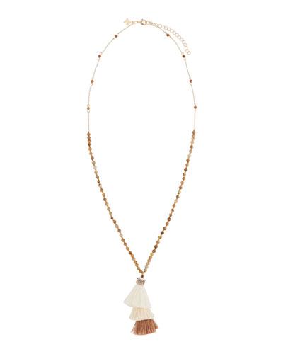 Long Jasper Beaded Necklace W/ Layered Tassel Pendant