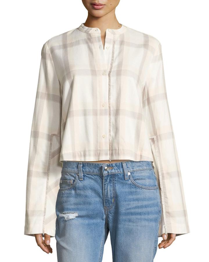Wide-sleeve Grid-print Cropped Cotton