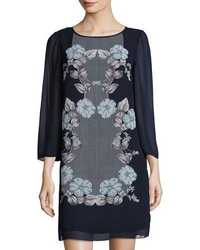 Sheer-sleeve Shift Dress, Navy/ivory