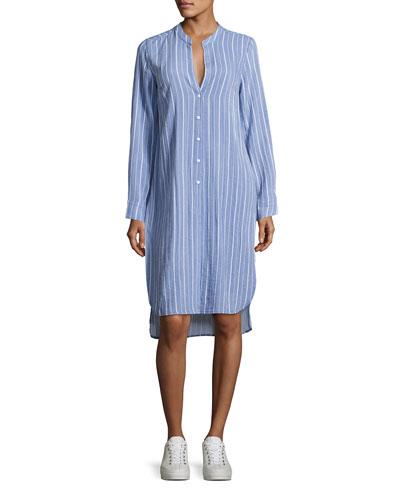 Striped Chambray Button-front Tunic, Blue/white