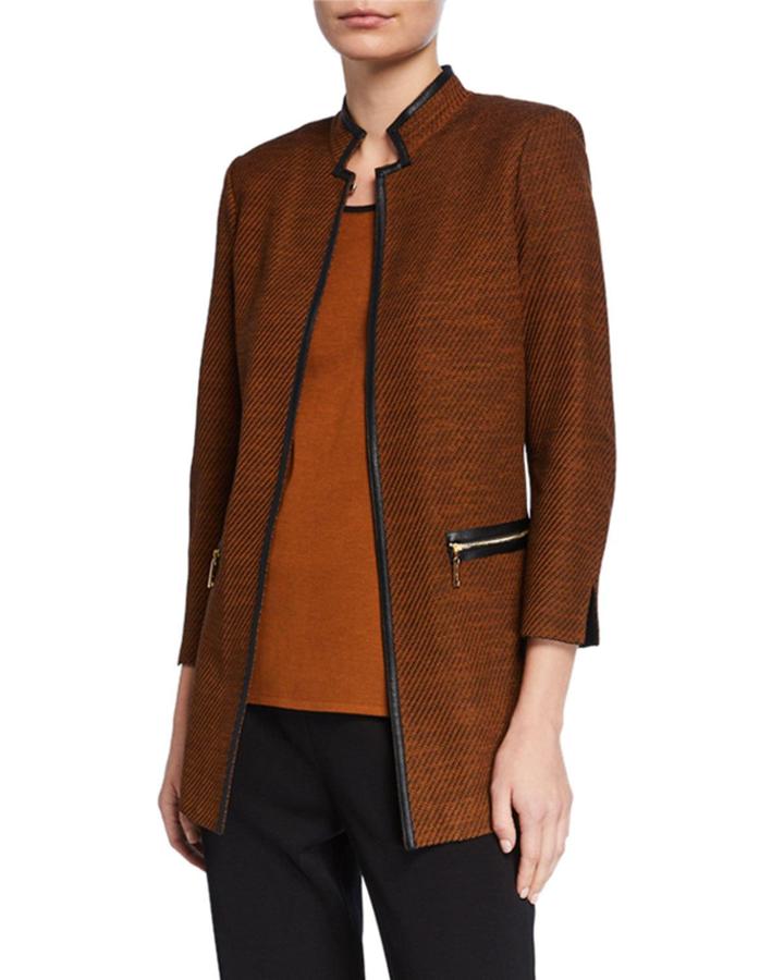 Long Jacket With Faux Leather Trim & Mandarin Collar