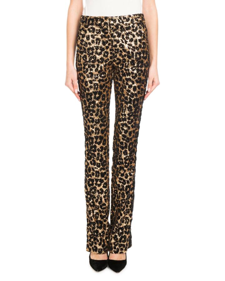 Straight-leg Tux-stripe Leopard-paillette Pants
