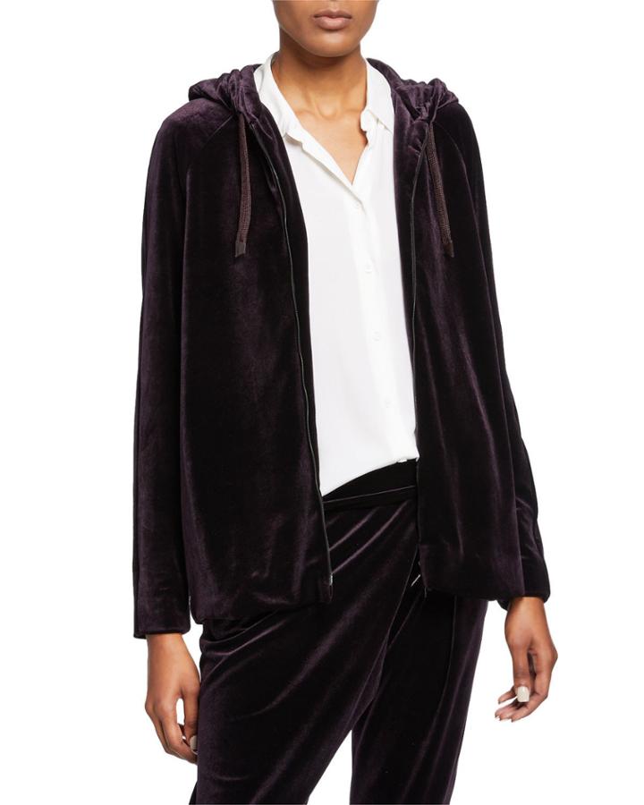 Zip-front Hooded Velour Jacket, Aubergine