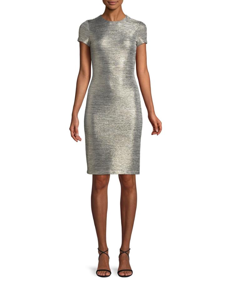 Delora Fitted Metallic Short-sleeve Cocktail Dress