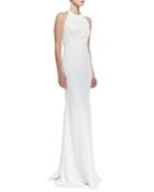 Carmen Marc Valvo Halter-neck Beaded-bodice Gown, Ivory,