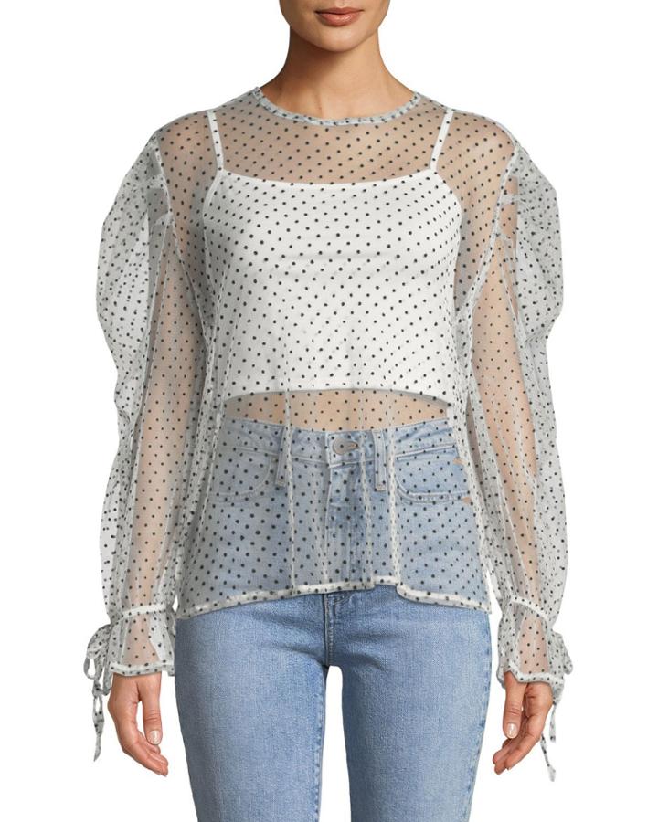 Sheer Bell-cuff Polka-dot Blouse