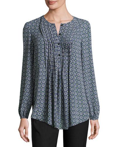 Pintucked Printed Blouse, Black/purple