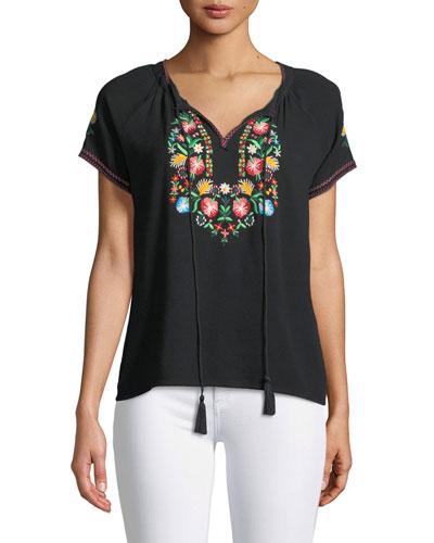 Embroidered Tassel-tie Blouse