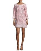 3/4-sleeve Beaded Floral Cocktail Dress, Blush