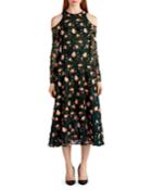 Floral-embroidered Cold-shoulder Dress, Black Pattern