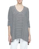 Dolman-sleeve Striped Linen Tunic, Black/white,
