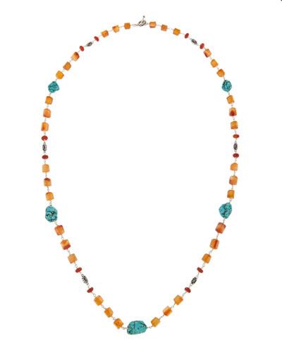 Long Fluorite, Agate & Turquoise Necklace