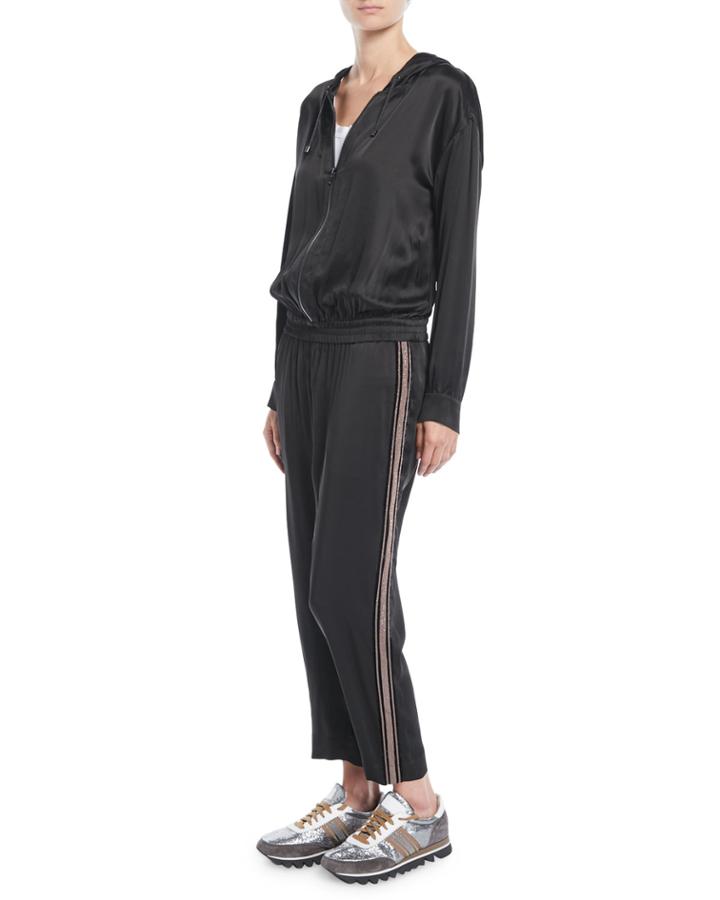 Hooded Satin Track Jumpsuit W/ Monili Racing
