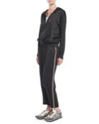 Hooded Satin Track Jumpsuit W/ Monili Racing