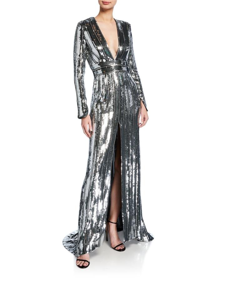 Sequin-striped Long-sleeve Deep V Gown