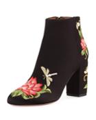 Lotus Satin Floral-embroidered Bootie, Black