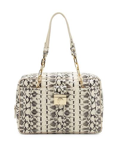 Chain-handle Snake-embossed Leather Shoulder Bag, Nero/sabbi