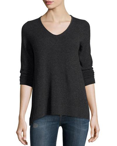 Cashmere V-neck W/ Beaded Trim