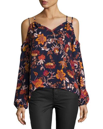 Floral-print Cold-shoulder Top, Navy