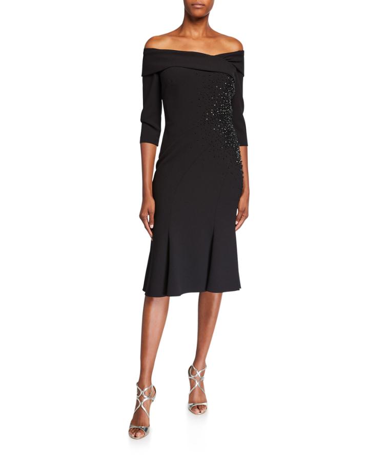 Off-the-shoulder Portrait 1/2-sleeve Dress W/ Bead Trim