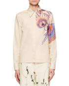 Button-front Placed Flower-print Fitted Cotton