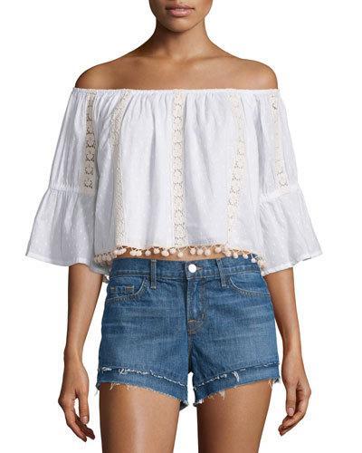 Alexa Lace-inset Off-shoulder Crop Top, White