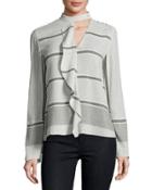 Long-sleeve Striped Ruffle Blouse, Gray/multicolor