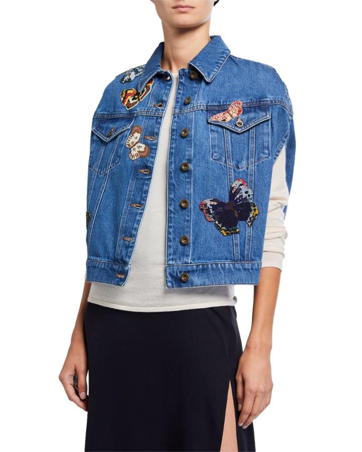 Butterfly-embroidered Sleeveless Denim Jacket