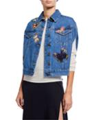 Butterfly-embroidered Sleeveless Denim Jacket