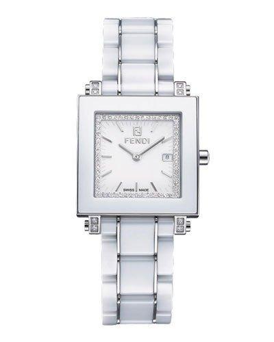 30mm Ceramic, Diamond & Stainless Steel Square Watch, White