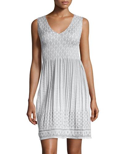 Smocked Jacquard Sleeveless Dress, Ivory/gray